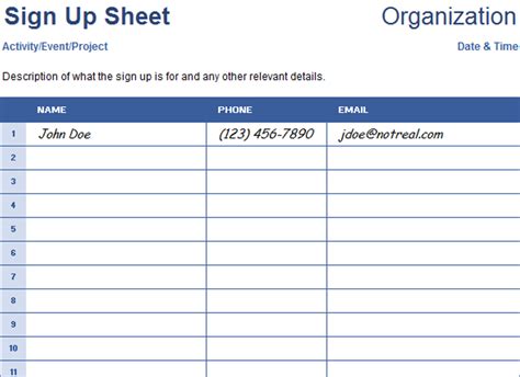 Excel Sign Up Sheet Template