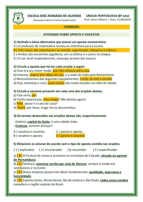 Exercícios de Aposto e Vocativo com Gabarito