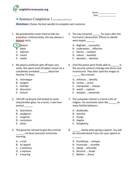 Exercise 3 Sentence Completion Answers Reader