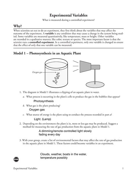 Experimental Variables Answer Key Pogil Doc