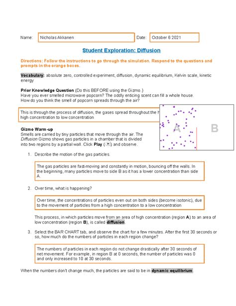 Explore Learning Gizmo Answer Key Diffusion PDF