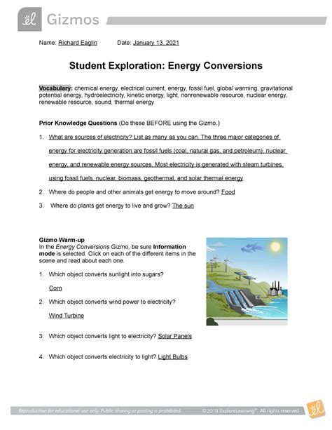Explore Learning Gizmo Answer Key Energy Conversions Reader
