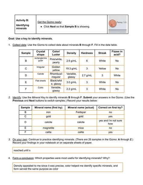 Explore Learning Gizmo Answer Key Minerals PDF