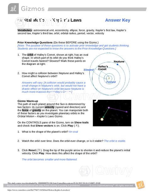Explore Learning Gizmo Orbital Motion Answer Key PDF Reader