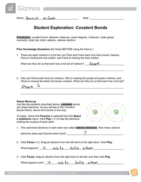 Explore Learning Student Exploration Covalent Bonds Answers Doc