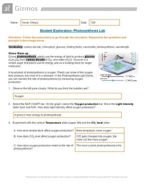 Explorelearning Answers Photosynthesis Lab Doc