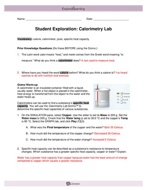 Explorelearning Student Exploration Calorimetry Lab Answer Key PDF