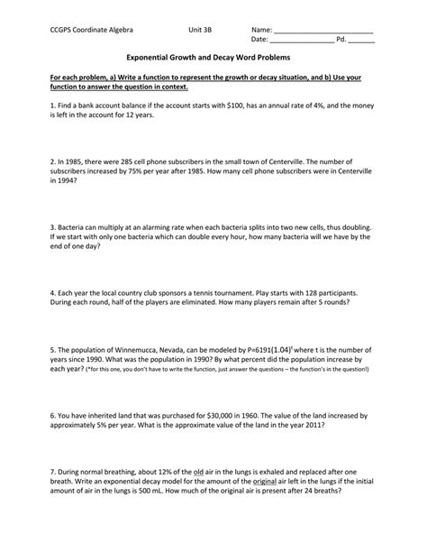 Exponential Growth And Decay Word Problems Worksheet Answers Reader