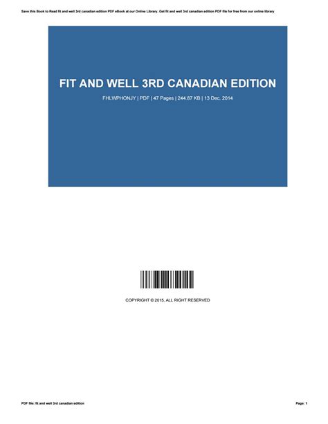 FIT AND WELL 3RD CANADIAN EDITION Ebook PDF
