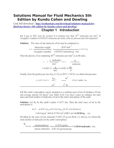 FLUID MECHANICS KUNDU 5TH EDITION SOLUTION Ebook Epub