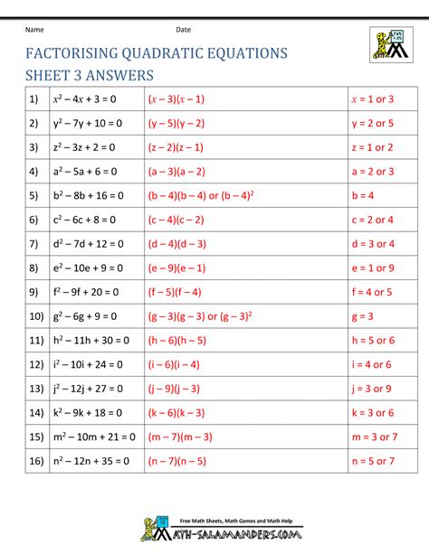 Factoring Quadratic Expressions Worksheet Answers Doc