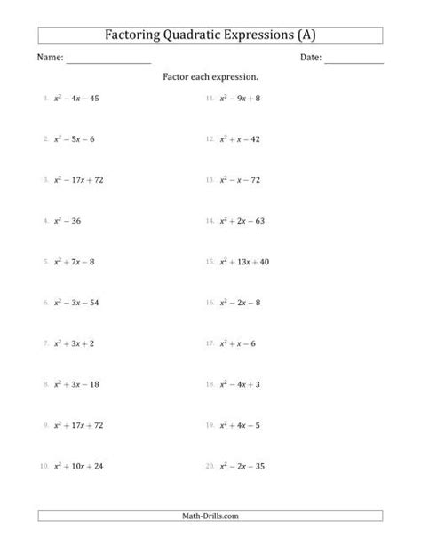 Factoring Quadratics Worksheet With Answers Doc