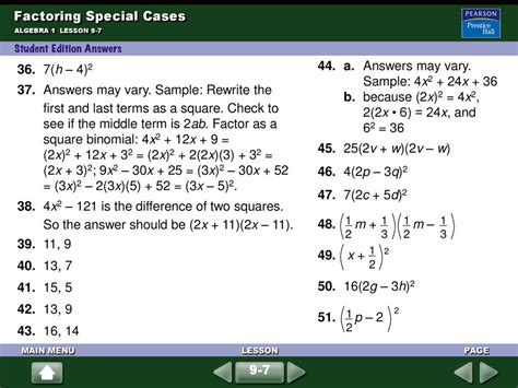 Factoring Special Cases Algebra 1 Answers PDF