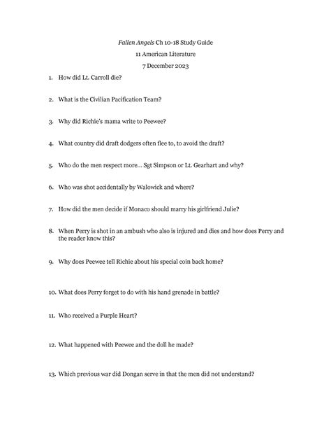 Fallen Angels Packet Study Guide Answers Reader