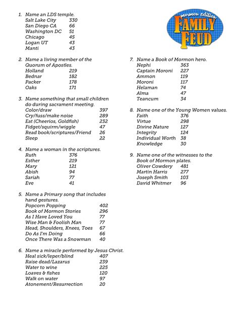 Family Feud Questions Answers Printable PDF