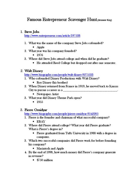 Famous Entrepreneur Scavenger Hunt Answers Key Doc