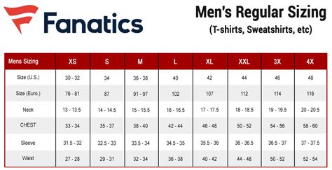Fanatics Sizing Chart
