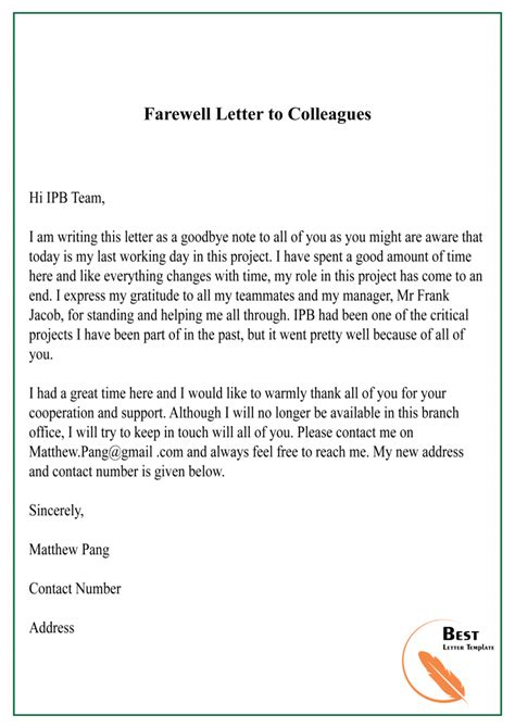 Farewell Letter To Colleagues Template