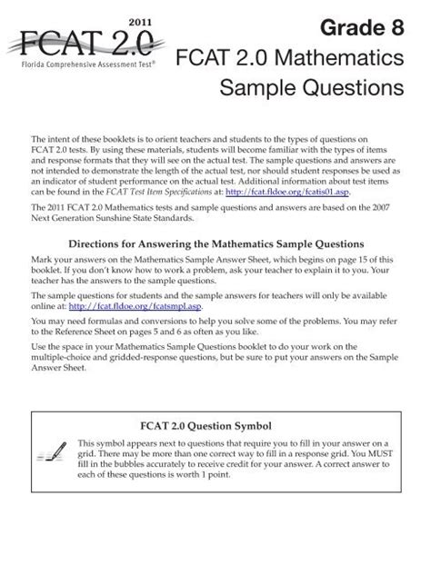 Fcat 2 0 2011 Grade 7 Mathematics Sample Questions Answer Key Epub