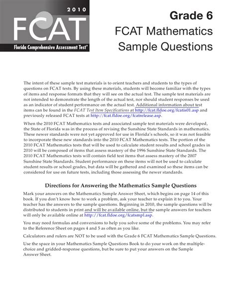 Fcat 20 Mathematics Sample Questions Answer Key Grade 6 PDF