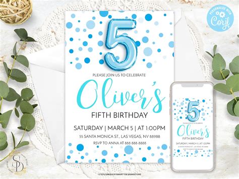 Fee Printable Boy 5th Birthday Party Invitations