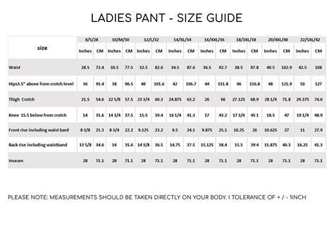 Female Pant Size Chart