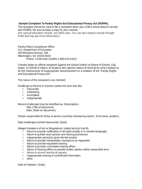 Ferpa Complaint Template
