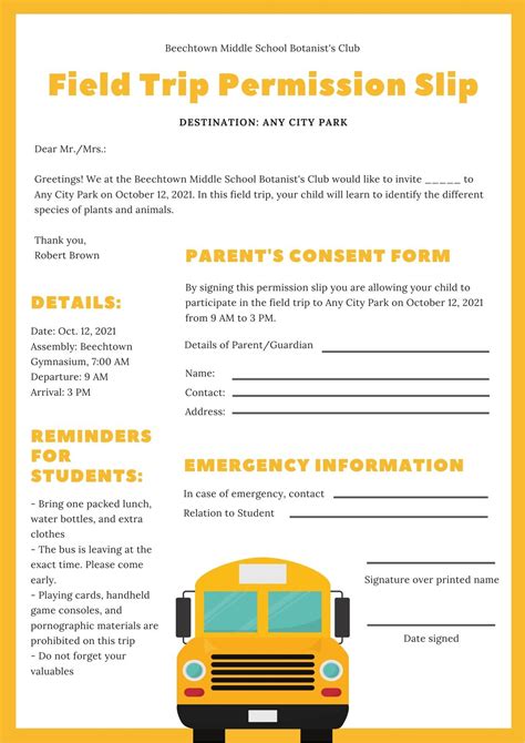 Field Trip Permission Form Template