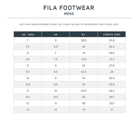 Fila Footwear Size Chart
