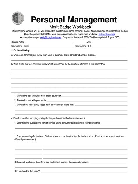 Filled out personal management merit badge workbook Ebook Doc