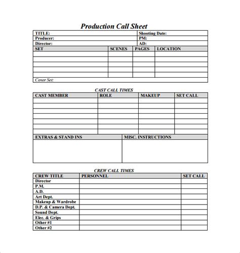 Film Production Call Sheet Template