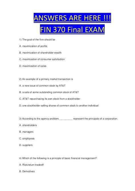 Fin 370 Final Exam Free Answers Epub