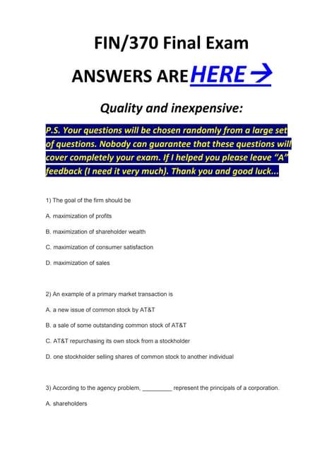 Fin 370 Final Exam Free Answers Epub