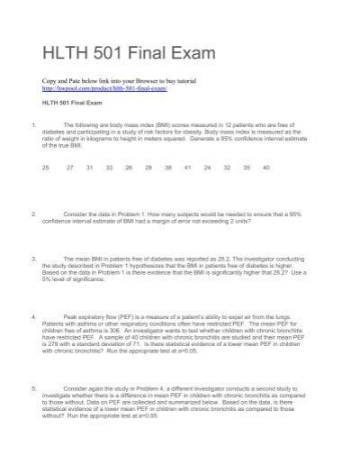 Final Exam Hlth 501 Liberty University Biostatistics Ebook PDF