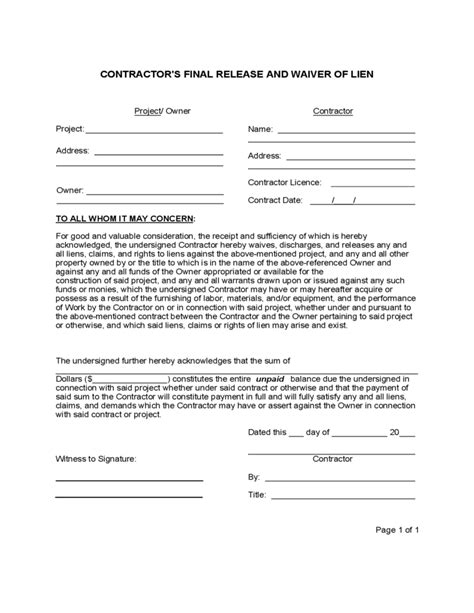 Final Lien Waiver Template