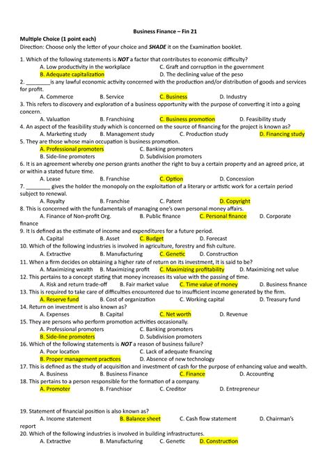 Finance Multiple Choice Questions And Answers PDF