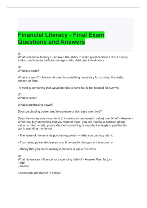 Financial Literacy Final Exam Answers Reader