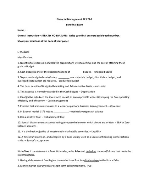 Financial Management Answer Key PDF