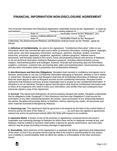 Financial Non Disclosure Agreement Template