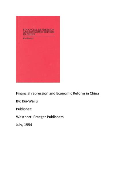 Financial Repression and Economic Reform in China PDF