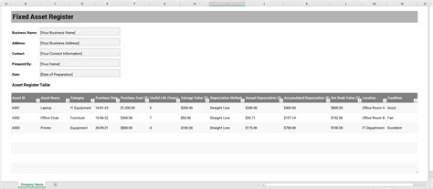 Fixed Asset Register Excel Template