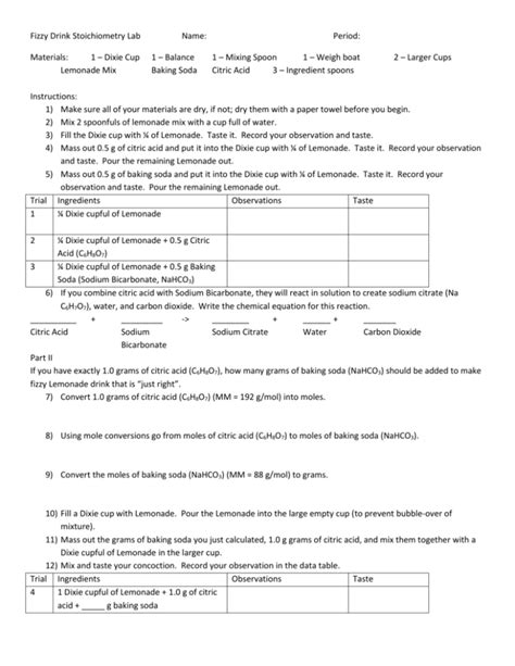 Fizzy Drink Lab Answer Key PDF