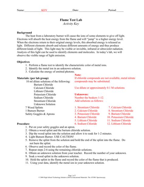 Flame Test Lab Metal Ions Answer Key Reader