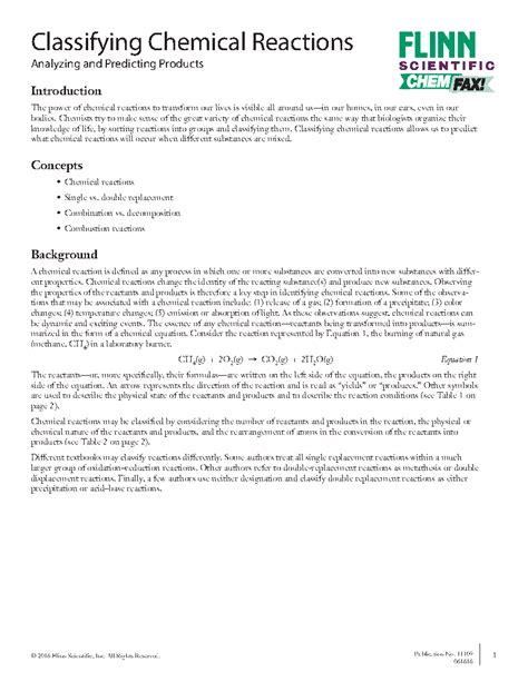 Flinn Chemtopic Labs Classifying Chemical Reactions Answers Reader