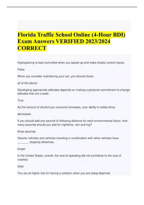 Florida Traffic School Test Answers Reader