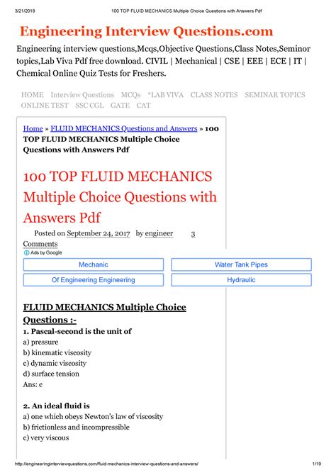 Fluid Mechanics Multiple Choice Questions And Answers Kindle Editon