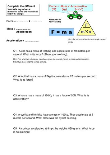 Force Mass Acceleration Worksheet Answers Doc