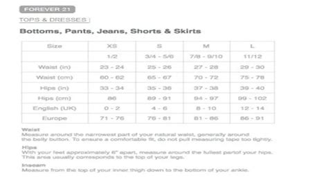 Forever 21 Size Chart For Jeans