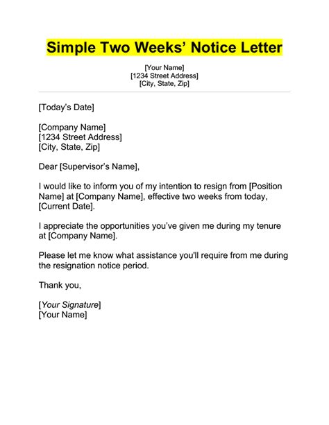 Formal 2 Week Notice Template