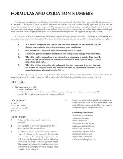 Formulas And Oxidation Numbers Lab Answers PDF